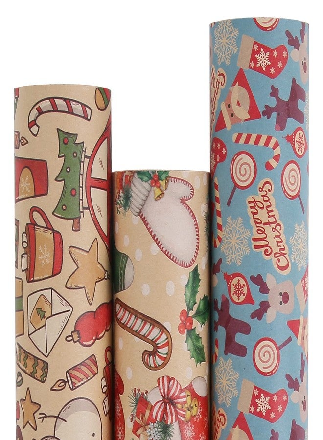 Aimyoo Kraft Christmas Wrapping Paper Set, Vintage Kids Xmas Gift Wrap Paper 3 Rolls, Stockings Santa Deers Candy Canes Snowman Designs,17 in x 10 ft per Roll - Image 1
